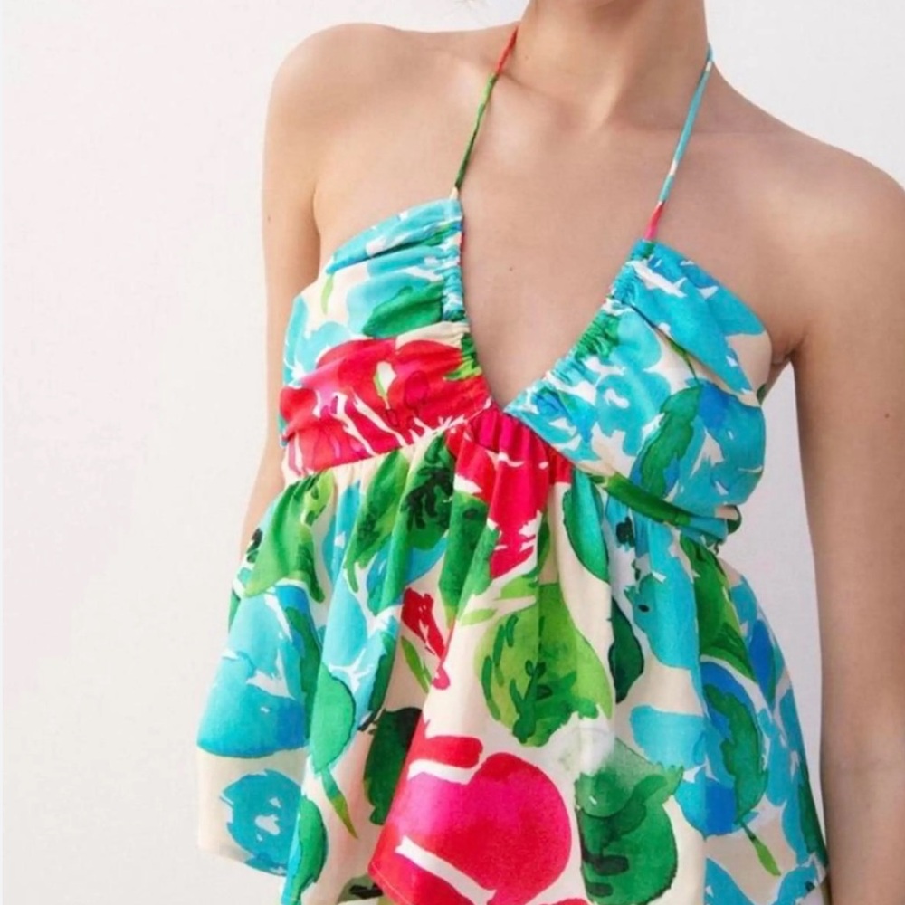 Zara floral linen blend halter Tropical Pattern